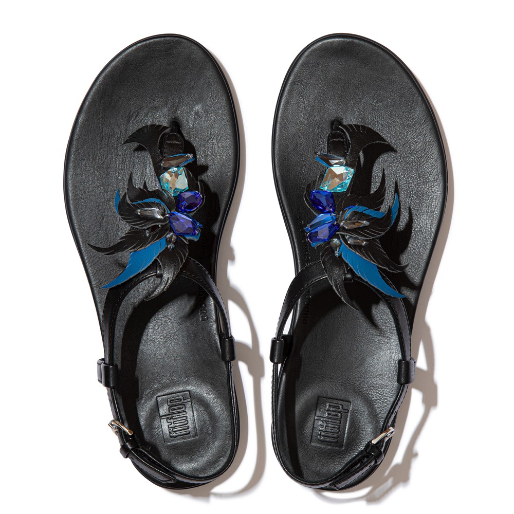 Fitflop Womens Sandals - Tia Jewel Feather Leather Back-strap - Black - 986-YEDCIW